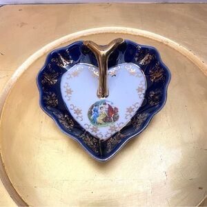 VTG 1794 Thun M.Z Blue & 24cT Gold Heart-Shaped Porcelain Trinket Dish, Czech